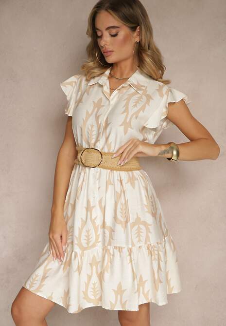 Beżowa Koszulowa Sukienka z Lnem i Wiskozą o Rozkloszowanym Kroju Aranese