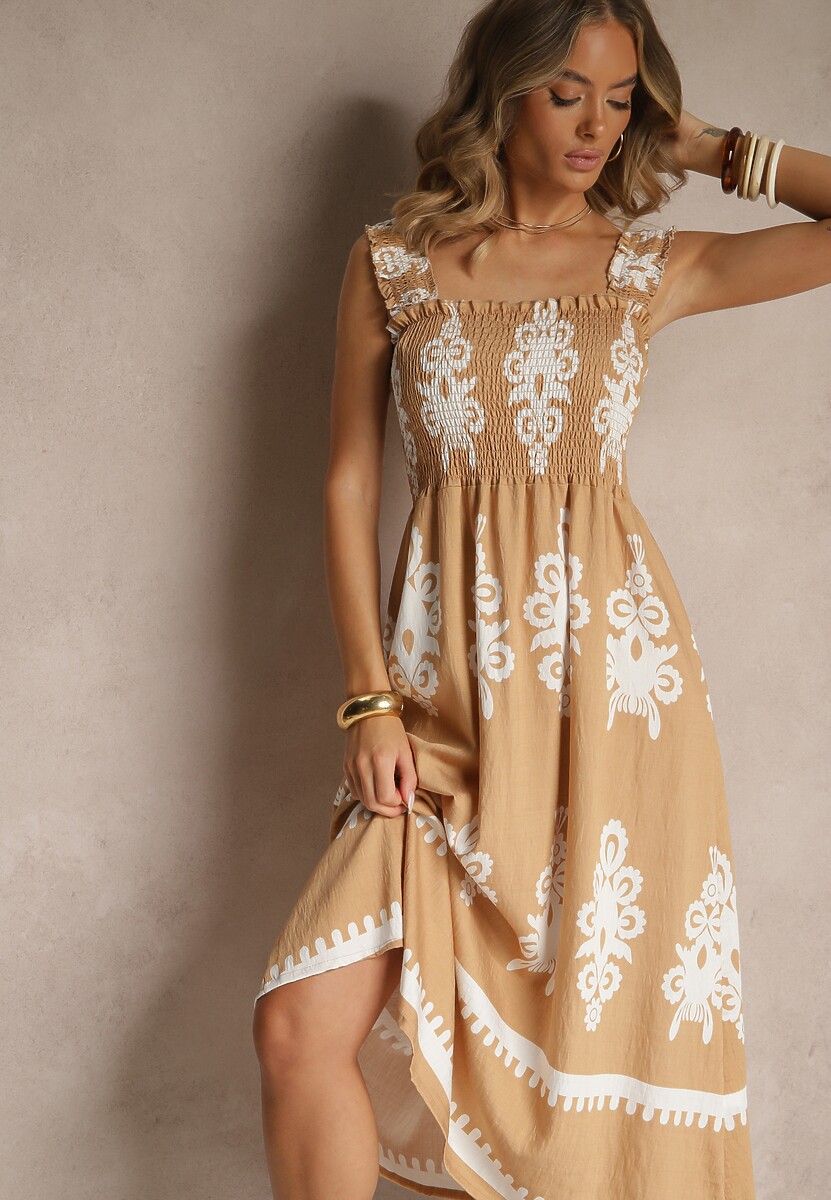 Ciemnobeżowa Rozkloszowana Sukienka z Wiskozy z Ornamentnym Motywem Aloxe
