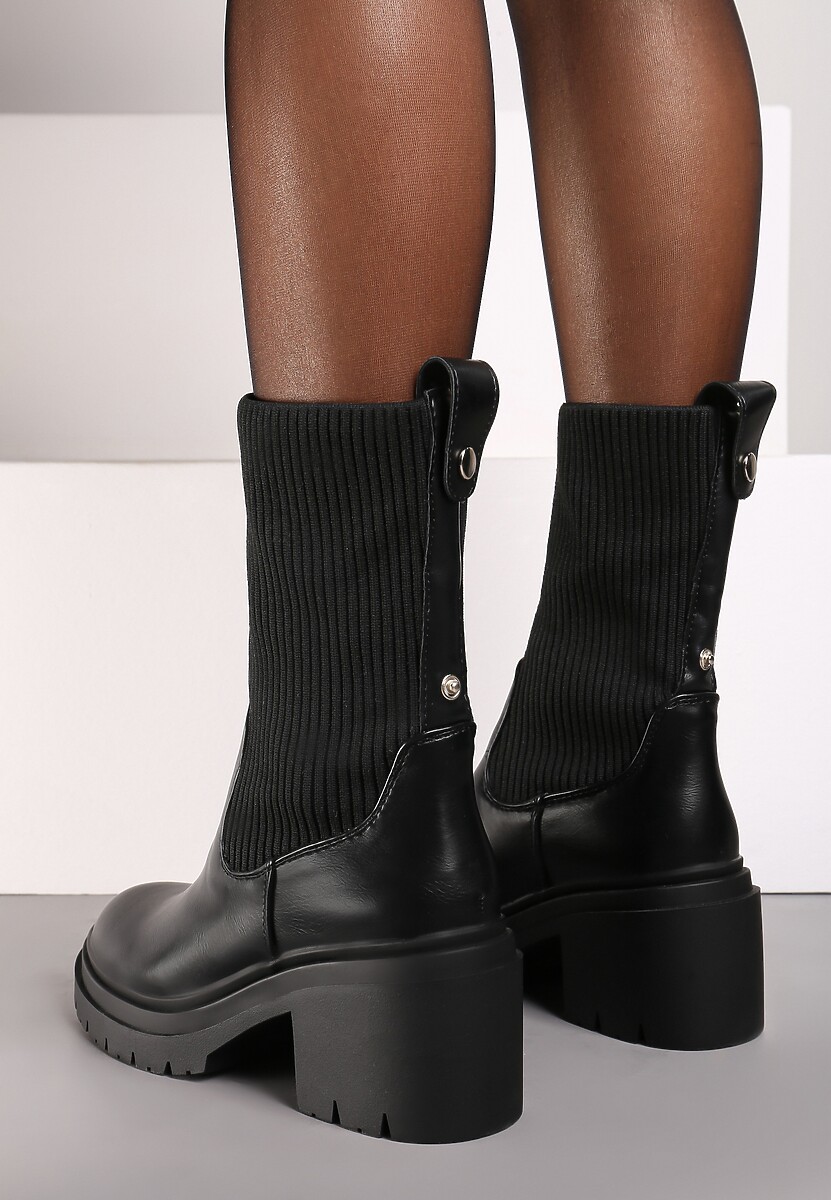 Czarne Botki na Obcasie Typu Słupek ze Skarpetkową Cholewką Niriselle