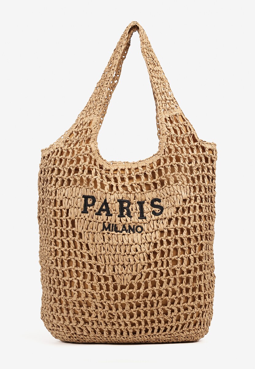 Ciemnobeżowa Torebka Shopperka z Plecionki Ozdobiona Napisami Navillian