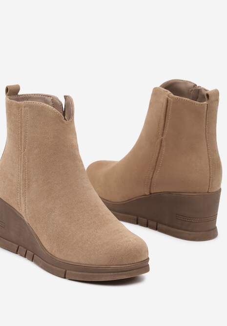 Ciemnobeżowe Casualowe Botki na Koturnie z Ociepleniem Etteora
