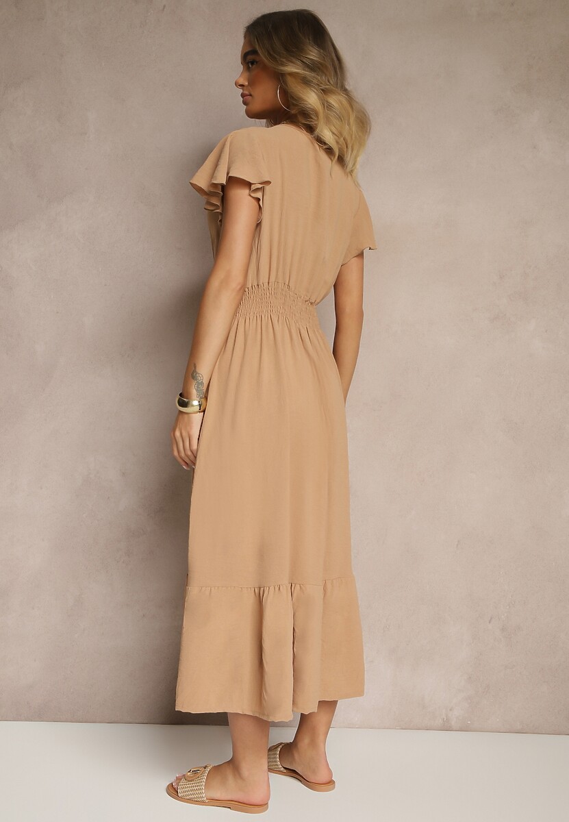 Beżowa Kopertowa Sukienka o Rozkloszowanym Fasonie z Gumką w Talii Reivione