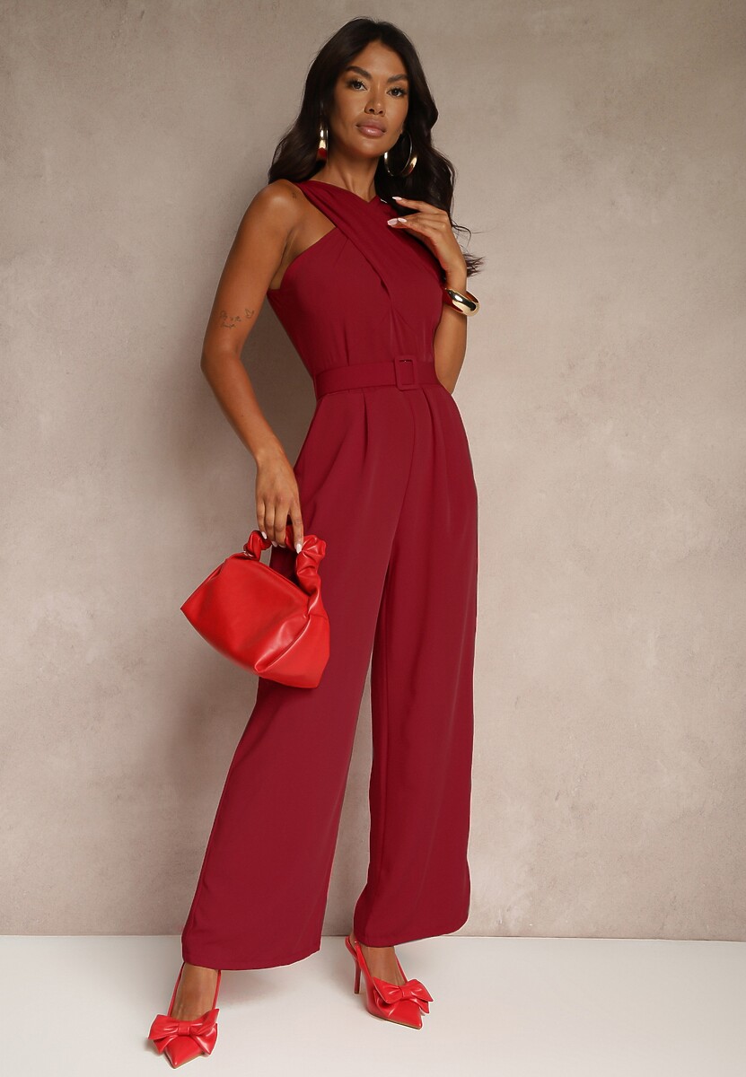 Beżowy Kombinezon z Paskiem z Klamrą i Marszczeniem Dolavelle