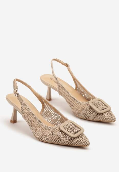 Ciemnobeżowe Sandały na Kaczuszce Typu Slingback z Klamrą Talimea