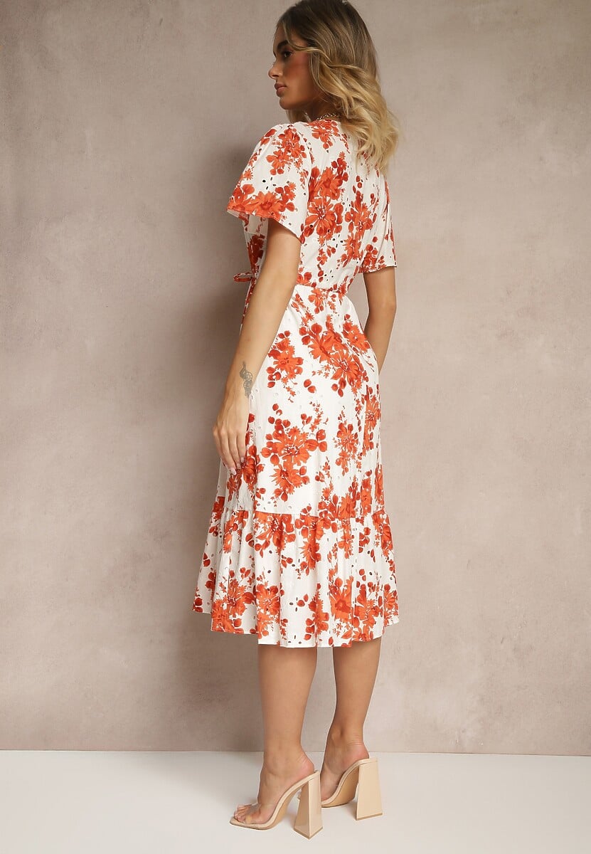 Pomarańczowa Bawełniana Sukienka Rozkloszowana Ażurowa w Kwiatowy Print Velbia