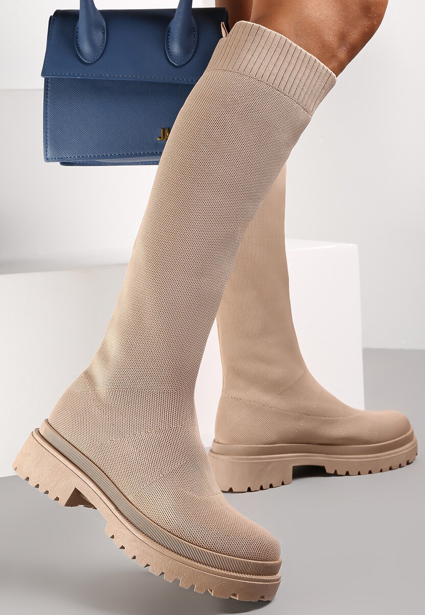 Ciemnobeżowe Kozaki z Elastyczną Cholewką Enareo