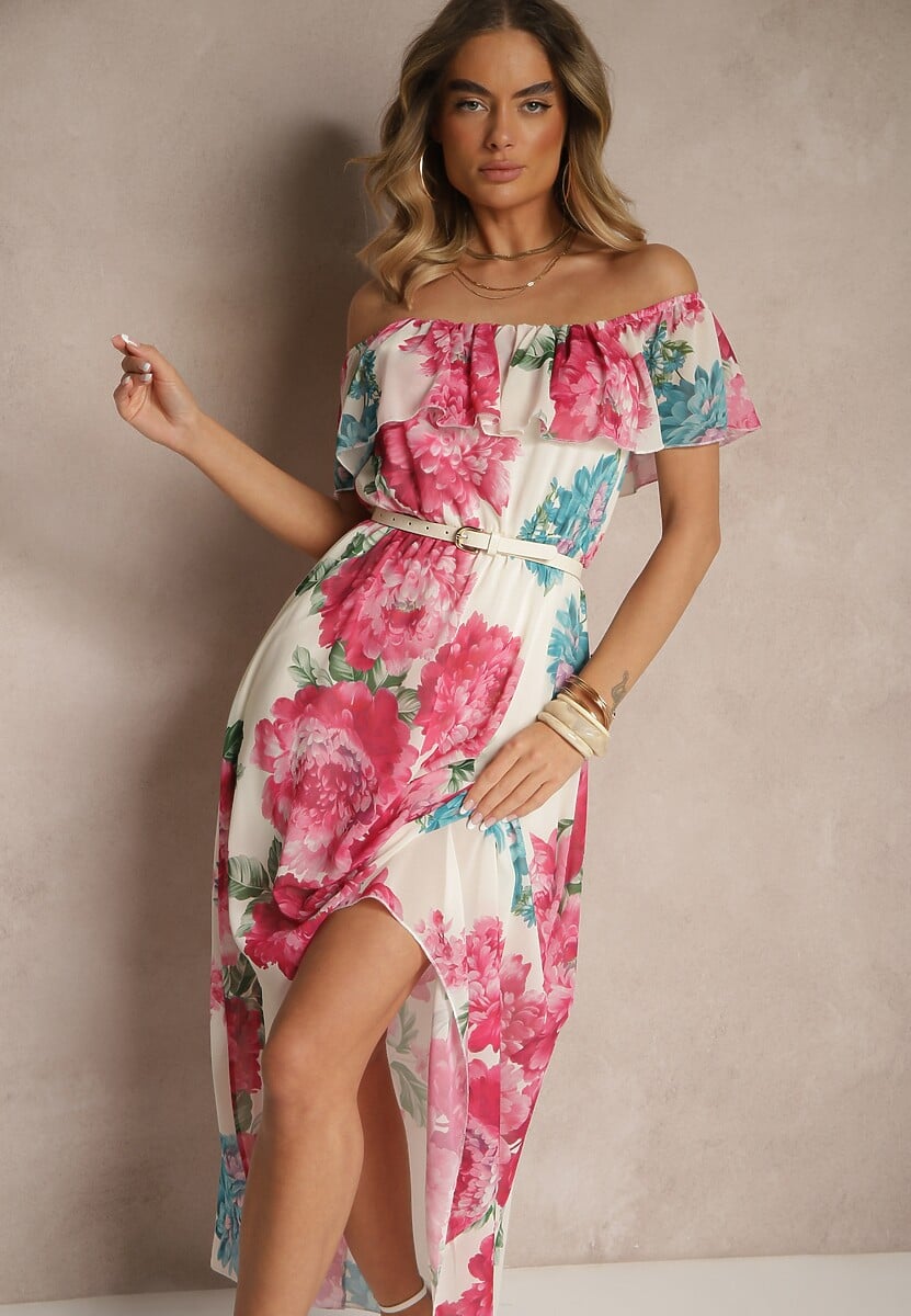 Czarna Sukienka Hiszpanka z Kwiatowym Wzorem i Plecionym Paskiem Sadeene