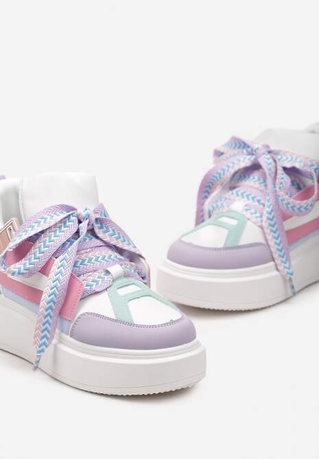 Biało-Fioletowe Sneakersy Na Niskiej Platformie z Szerokimi Sznurówkami we Wzorek Vidira