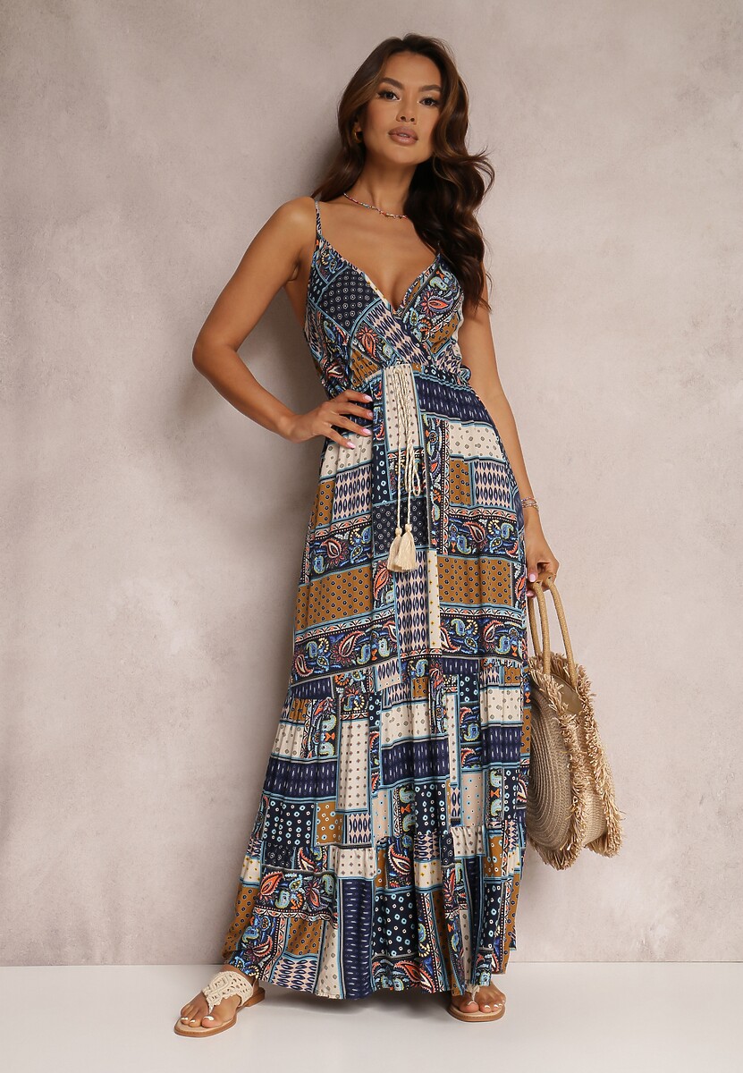 Granatowa Wiskozowa Sukienka o Kopertowym Kroju w Print Patchwork Grehan