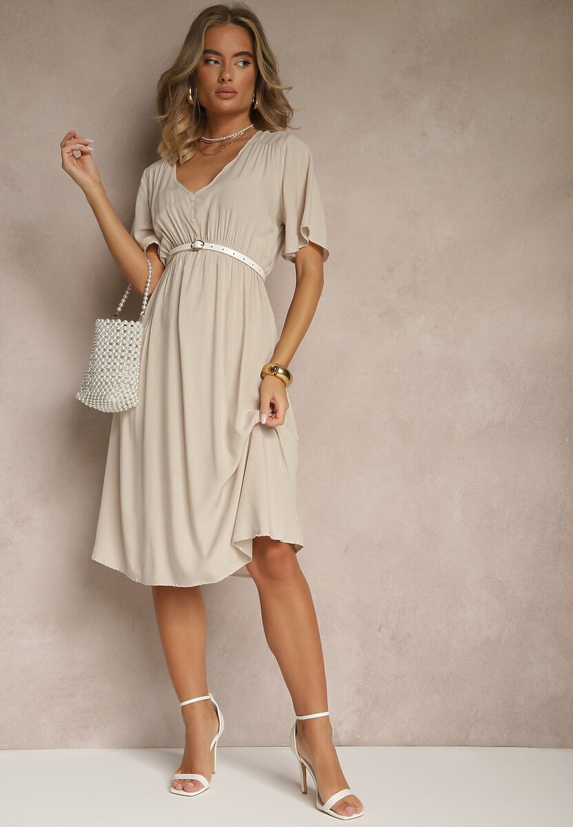 Beżowa Rozkloszowana Sukienka z Bawełnianej Tkaniny Lirioneae