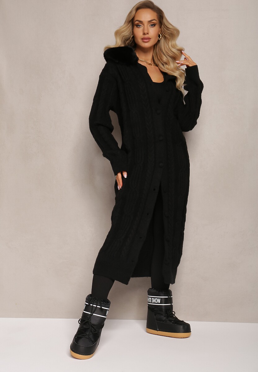 Czarny Wiskozowy Kardigan w Warkoczykowy Splot z Futrzanym Kołnierzem Nirossa