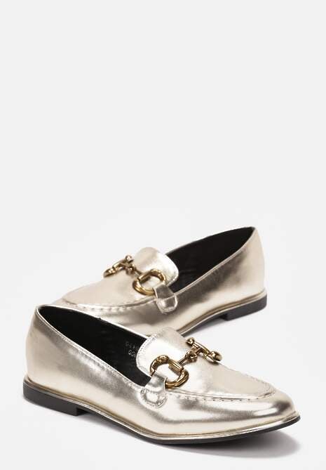 Złote Płaskie Mokasyny z Imitacji Skóry z Klamerką Marcoso