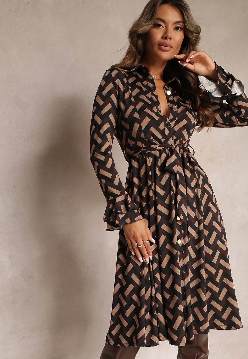 Brązowa Sukienka Koszulowa w Geometryczny Wzór Reimeza
