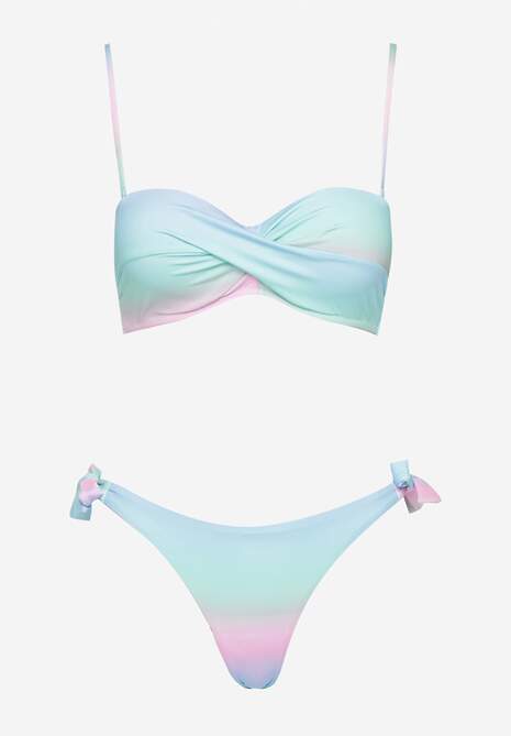 Jasnoniebieskie Bikini Majtki Typu Figi i Biustonosz z Marszczeniem w Geometryczny Wzór Kinnira