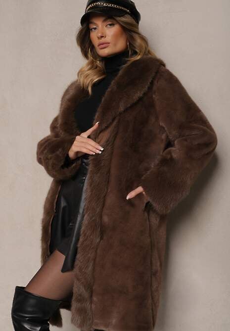 Brązowa Kurtka Futro o Długim Kroju z Wiskozą Ninnarlia