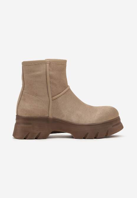Ciemnobeżowe Ekozamszowe Botki na Grubej Podeszwie Cinzina