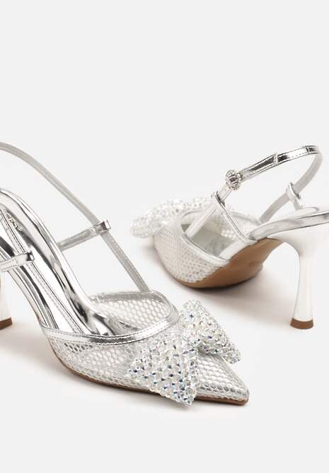 Srebrne Sandały Siateczkowe Vices na Szpilce Zdobione Kokardą i Cekinami Reandra