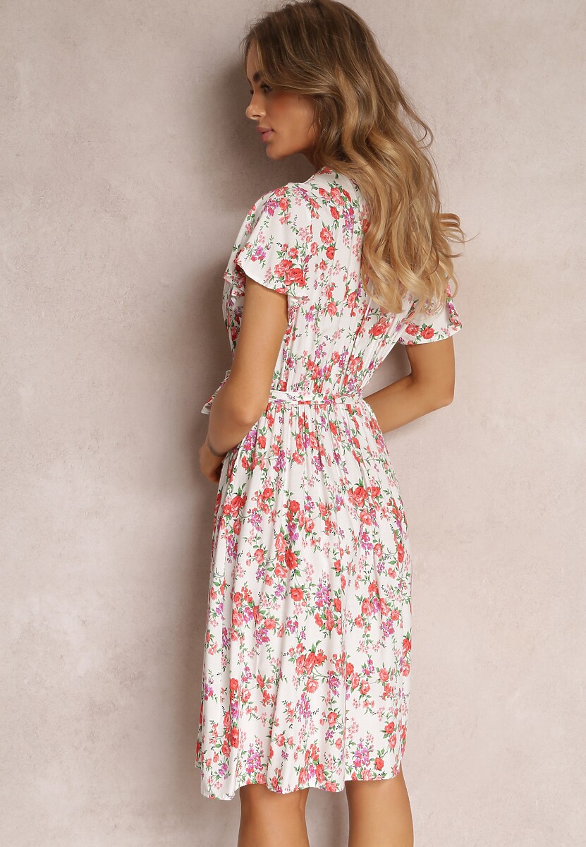 Biała Wiskozowa Sukienka Midi w Kwiaty z Gumką w Pasie i Materiałowym Paskiem Aidenia