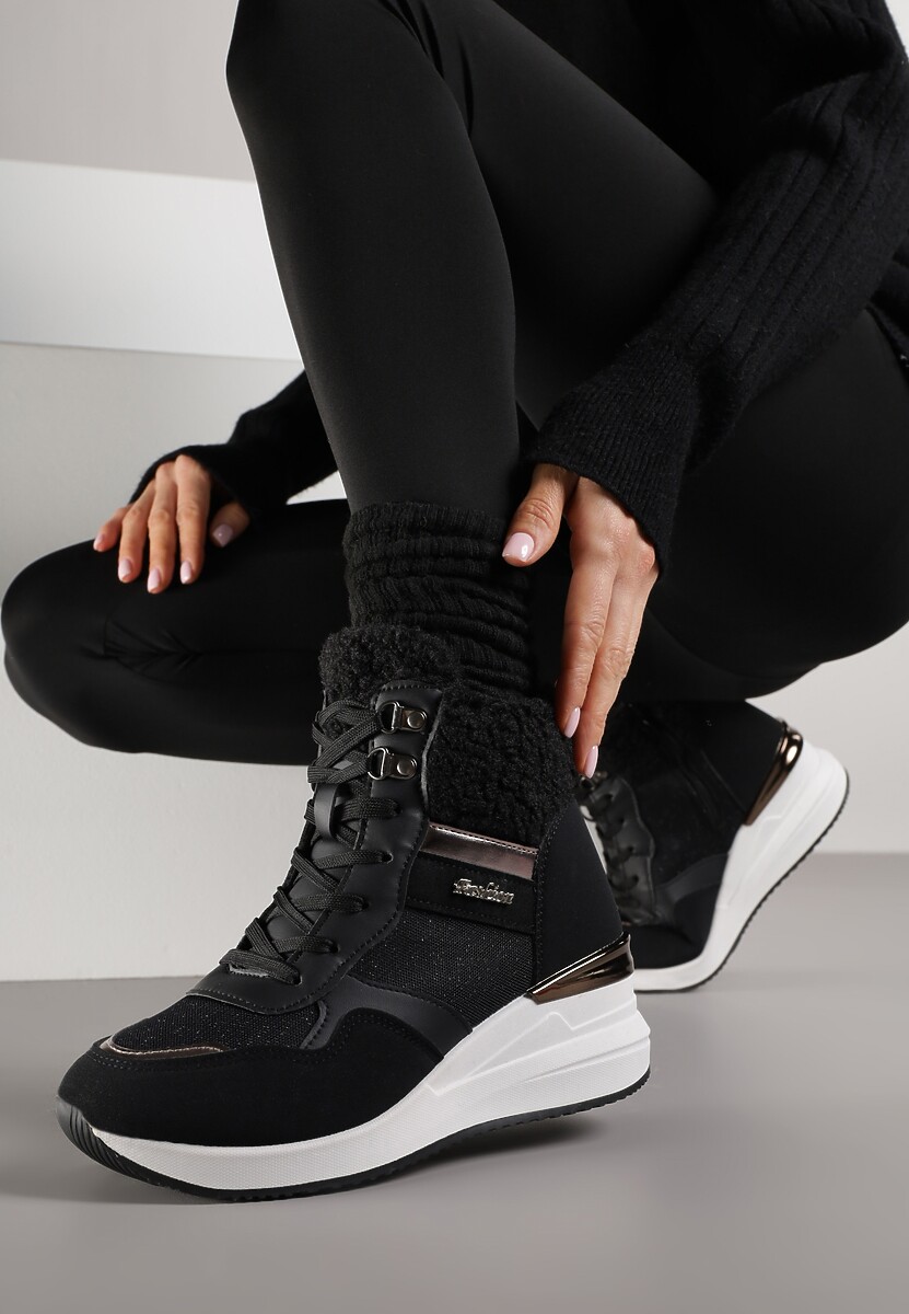 Czarne Sneakersy na Koturnie z Wysoką Cholewką Ozdobione Brokatem Sinthera