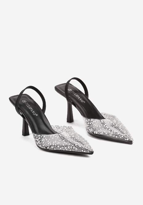 Czarne Szpilki z Odkrytą Piętą Transparentną Cholewką I Cyrkoniami Arstaria