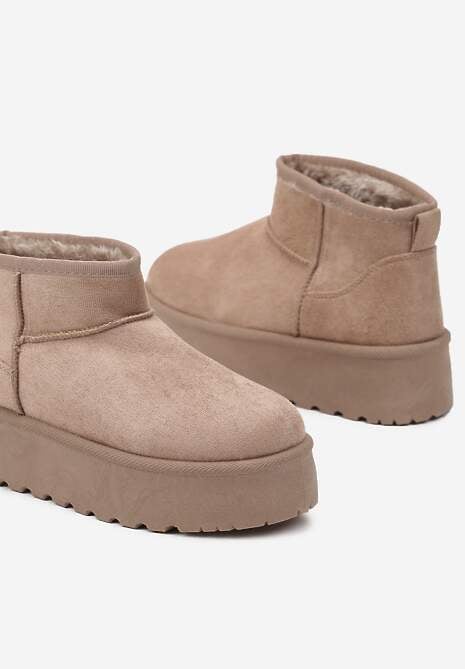 Ciemnobeżowe Śniegowce z Imitacji Zamszu na Platformie z Niską Cholewką Reanirae