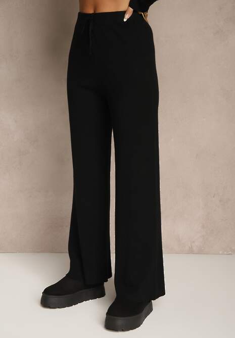 Szary Komplet z Dzianiny Spodnie Wide Leg i Sweter w Szerokie Pasy Falorella