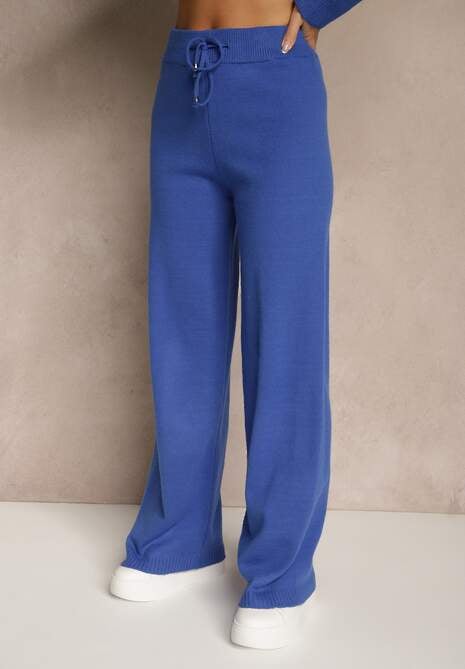 Niebieski Komplet z Dzianiny z Wełną Pasiasty Sweter i Spodnie Ralleia