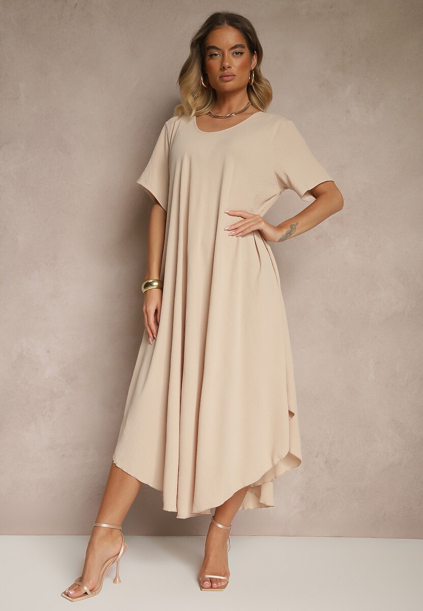 Beżowa Sukienka z Bawełną o Rozkloszowanym Kroju Lilzedi