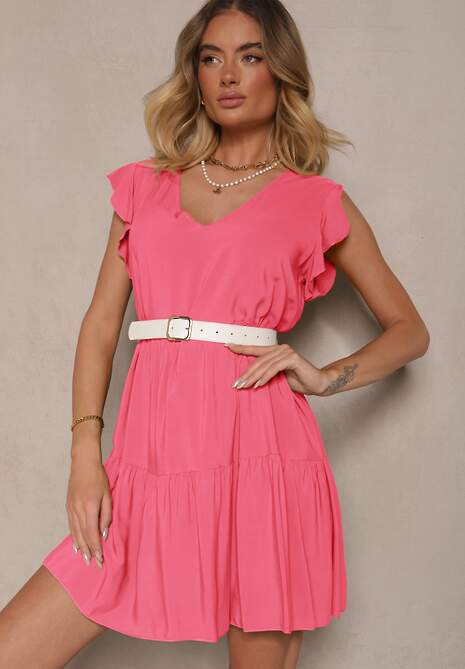 Różowa Bawełniana Sukienka Rozkloszowana z Falbankami Mirlio