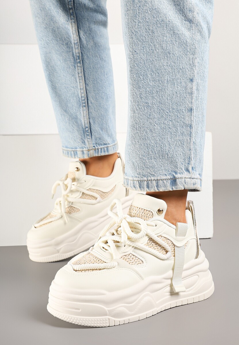 Beżowe Sneakersy na Platformie Ozdobione Wiązaniem Puvira