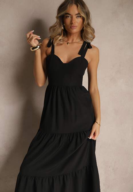 Czarna Sukienka z Wiskozą Falbanami i Wiązaniem Nilarrea
