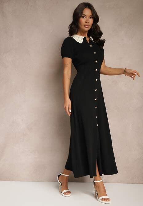 Czarna Wiskozowa Sukienka Rozkloszowana Retro z Guzikami i Kołnierzem Ardival