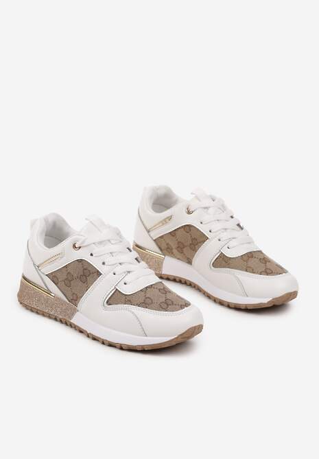 Biało-Brązowe Sneakersy Ozdobione Metaliczną Aplikacją i Przeszyciami Soltia