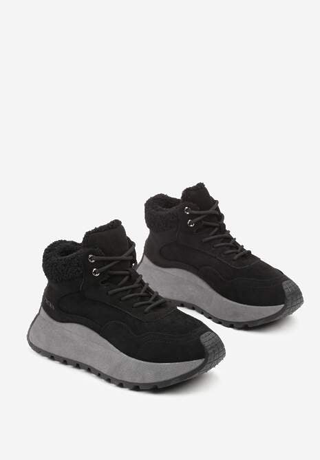 Czarne Sneakersy Śniegowce Vices na Platformie Ozdobione Napisem i Futerkiem Lanite
