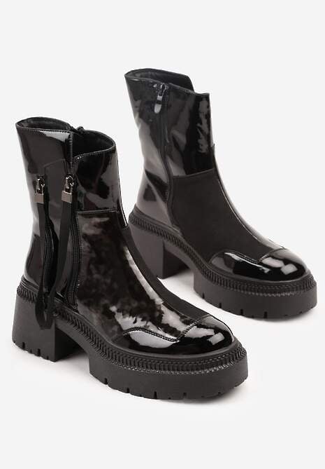 Czarne Botki Lakierowane Vices Ozdobione Tasiemką Rotine