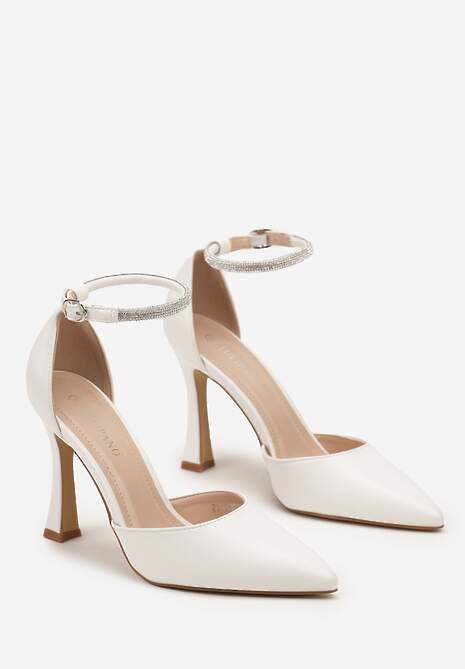 Białe Szpilki Klepsydrowe z Paskiem Ozdobionym Cyrkoniami Keramla