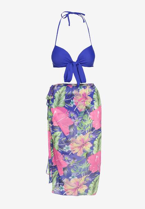 Niebieskie Bikini  Majtki Figi Biustonosz z Wiązaniem i Kwiatowe Pareo Folanira