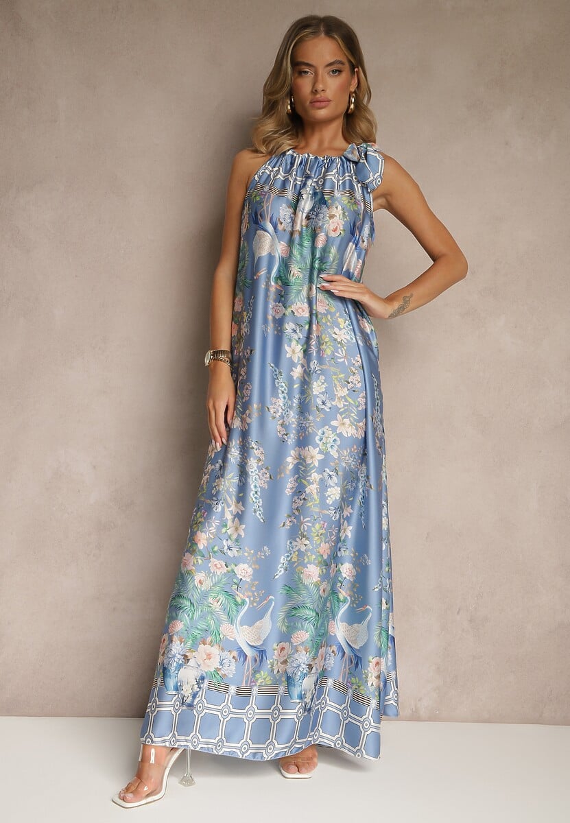 Jasnozielona Sukienka z Satyny Zdobiona Kwiatowym Wzorem i Wiązaniem Fenalesa