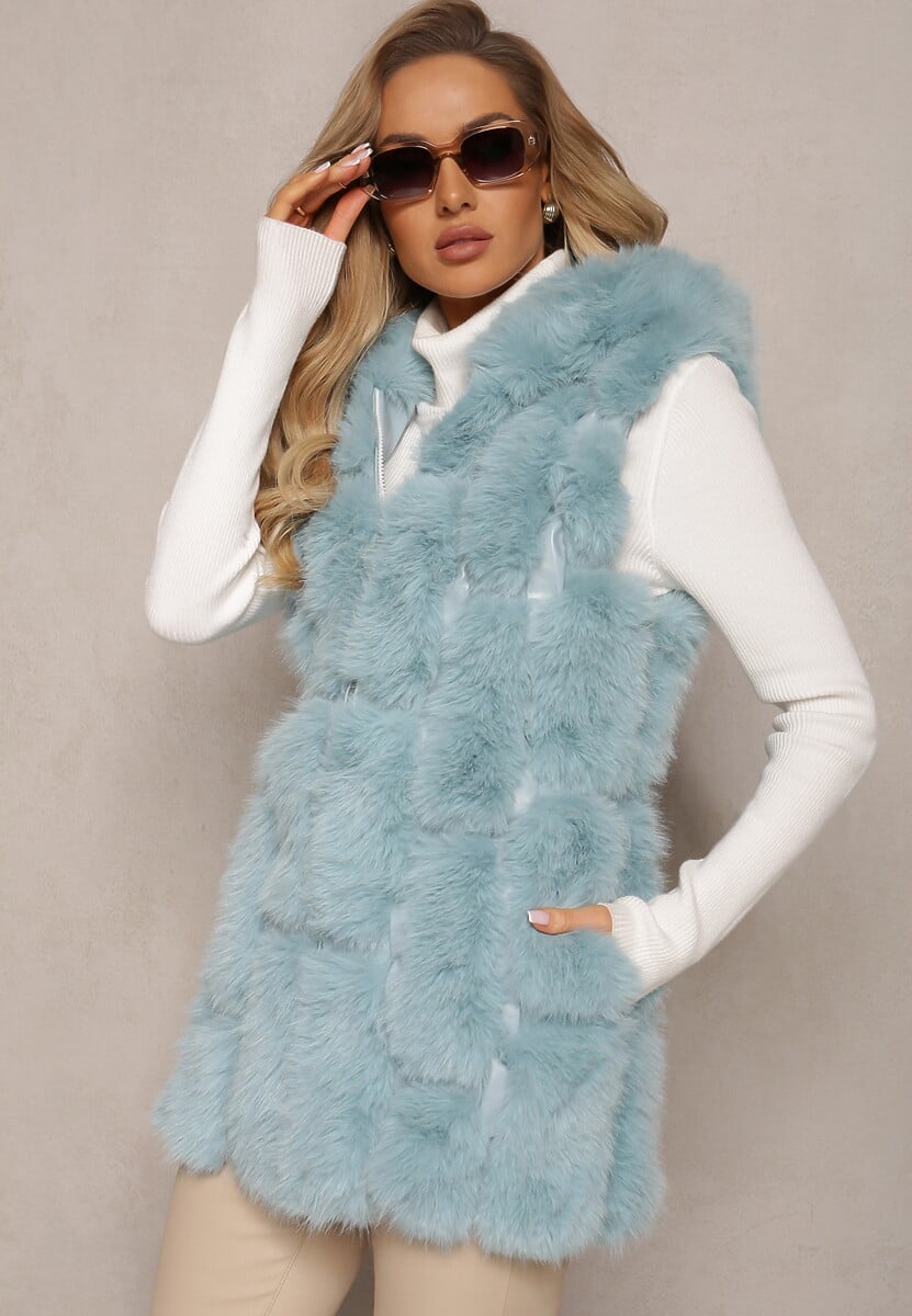 Niebieska  Futrzana Kamizelka z Kapturem Konessa