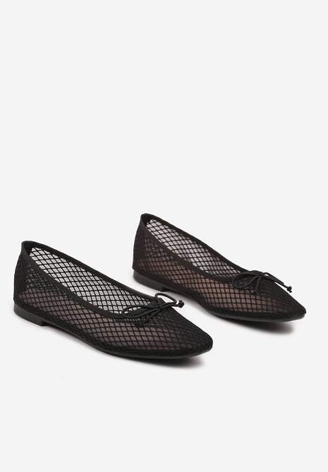 Czarne Balerinki Siateczkowe z Kwadratowym Noskiem i Kokardką Aferriana