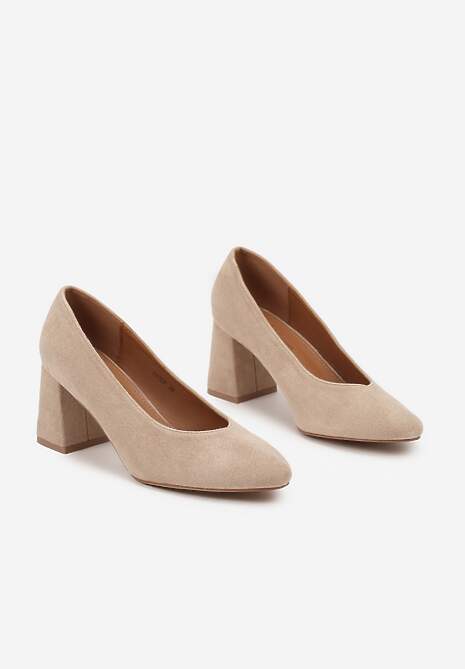 Ciemnobeżowe Czółenka na Słupku z Noskiem Migdałkiem Xoreria