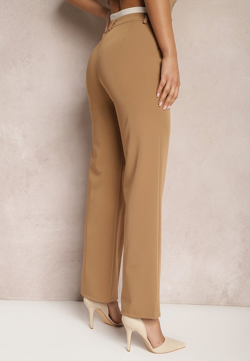 Jasnobrązowe Spodnie Garniturowe High Waist z Przeszyciami Variola