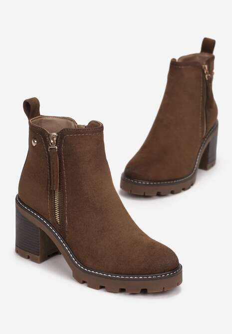 Ciemnobrązowe Botki na Słupku Boho z Suwakiem Kodra