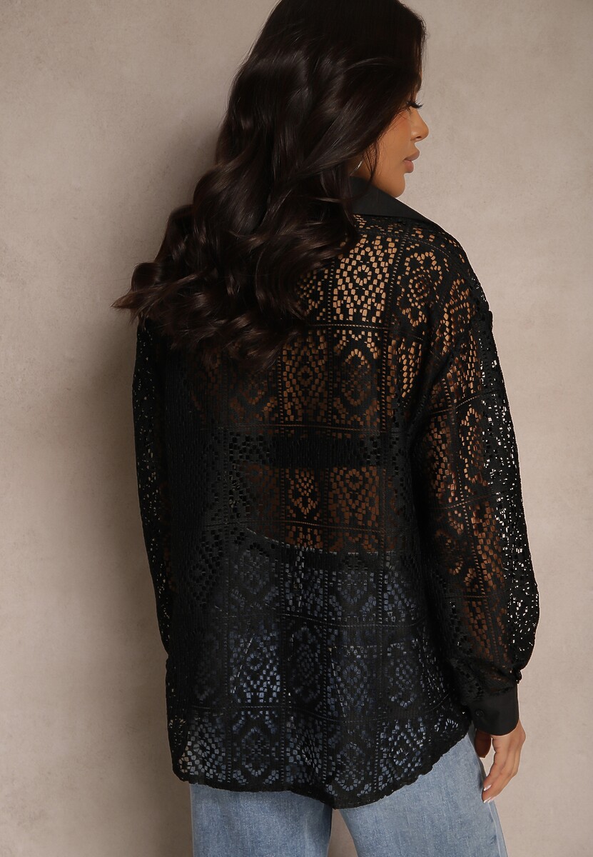 Czarna Koszula z Ażurowej Tkaniny z Kieszeniami Terista