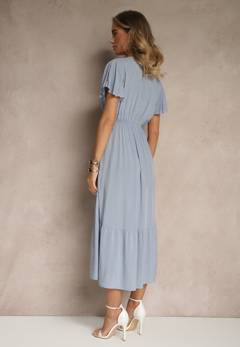 Niebieska Rozkloszowana Sukienka z Bawełny Zdobiona Guzikami Folennea