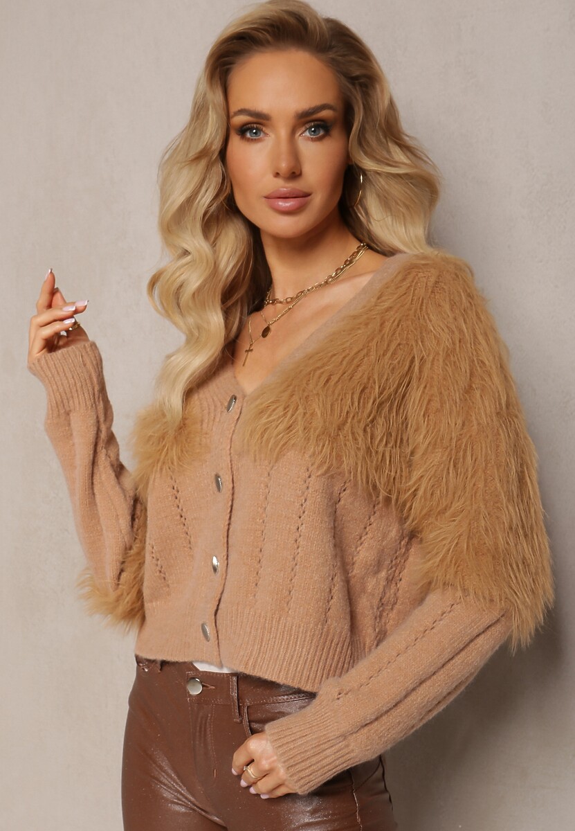 Jasnozielony Kardigan z Włochatą Dzianiną Przy Dekolcie i Rękawach Saccina