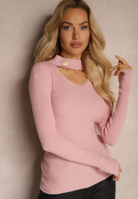 Jasnoróżowy Sweter Golf z Ozdobnym Wycięciem Przy Dekolcie Erticia