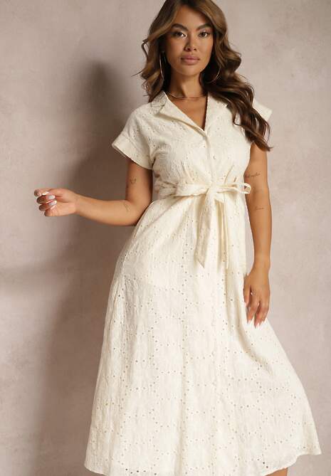 Beżowa Rozkloszowana Koszulowa Sukienka z Bawełny z Ażurowym Zdobieniem i Paskiem Ilosofia