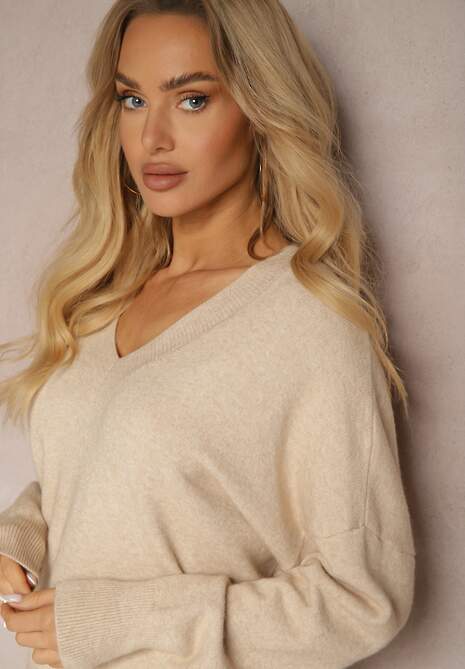 Beżowy Klasyczny Sweter z Wiskozą i Kaszmirem Marirra