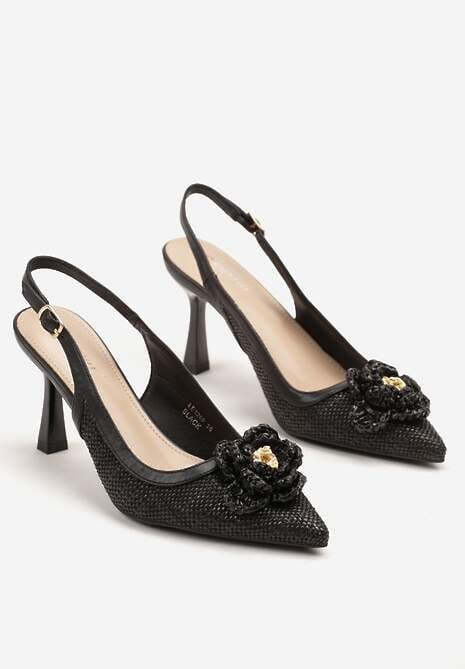 Czarne Plecione Sandały na Szpilce z Odkrytą Piętą i Kwiatową Aplikacją Sillifia